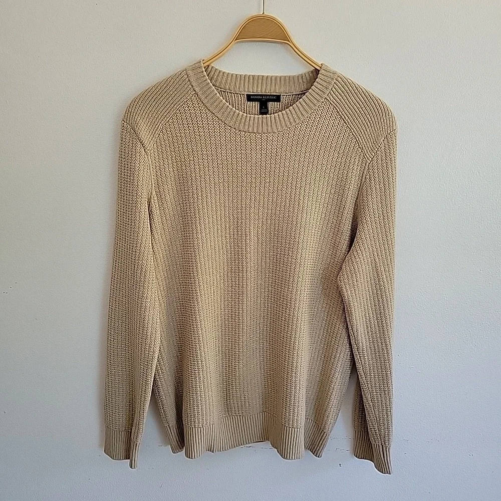 Banana Republic Cotton Knit Pullover‎ Sweater Large Tan Crewneck Minimalist